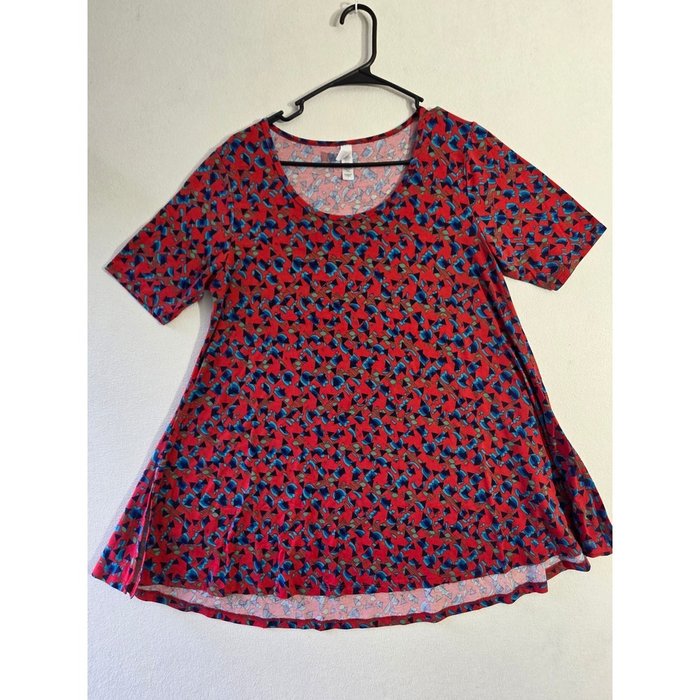 LuLaRoe Perfect T Red Abstract Geometric Print Short Sleeve Tunic Top Small‎